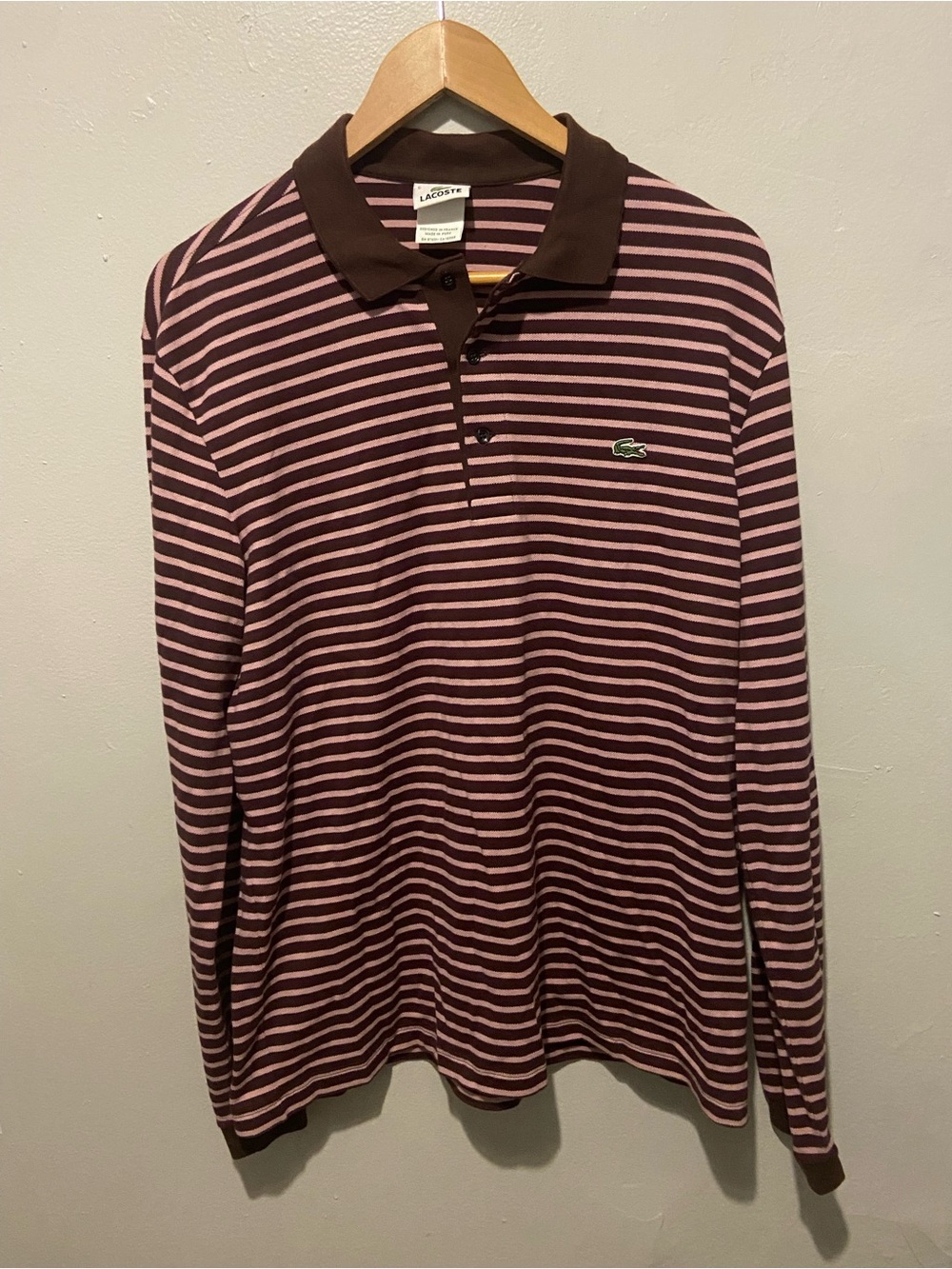 Lacoste Men’s Pink and Brown Striped Long-Sleeve Polo Shirt